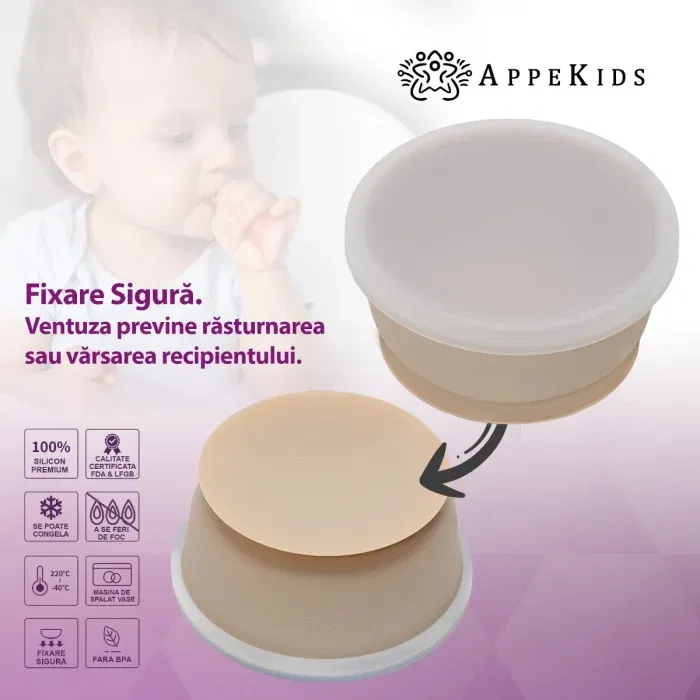 Bol din silicon cu ventuza si capac, AppeKids - Bej [3]