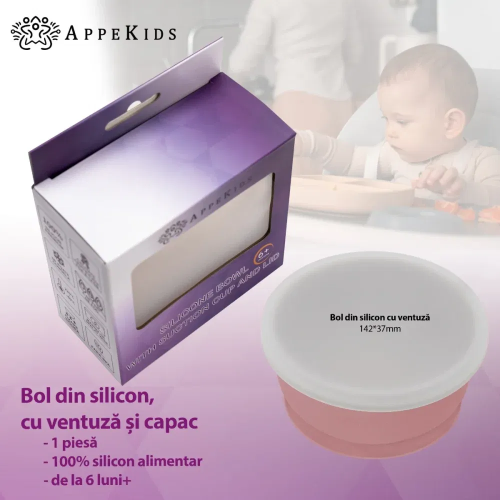 Bol din silicon cu ventuza si capac, AppeKids - Roz [1]