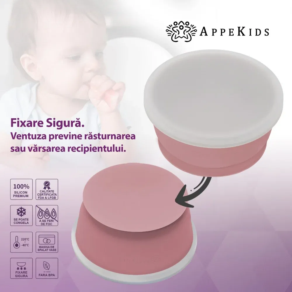 Bol din silicon cu ventuza si capac, AppeKids - Roz [3]