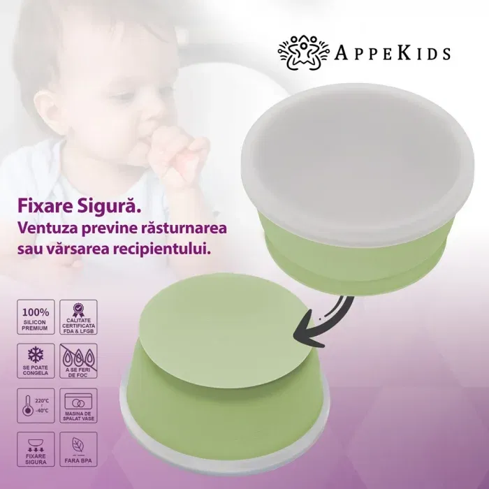 Bol din silicon cu ventuza si capac, AppeKids - Verde [1]