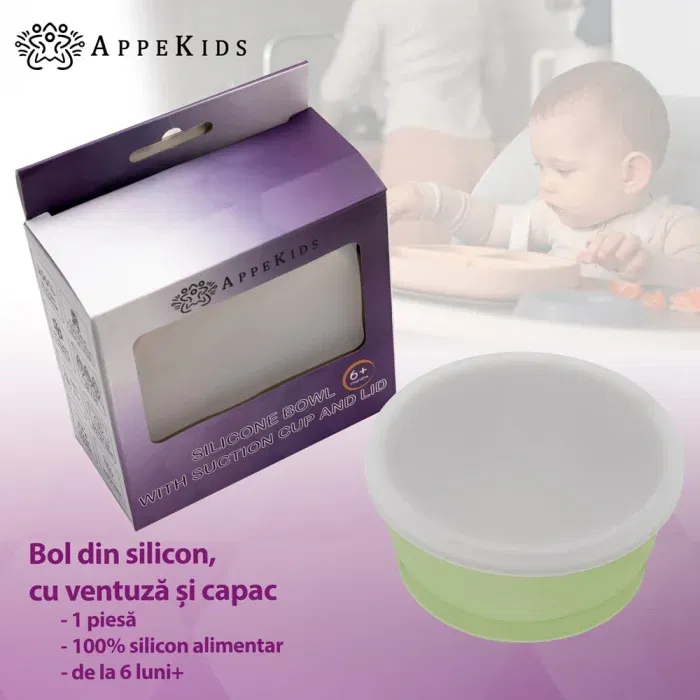 Bol din silicon cu ventuza si capac, AppeKids - Verde [5]