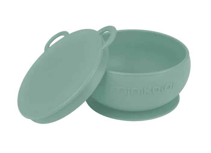 Termosuri, recipiente mâncare pentru copii - Bol Minikoioi cu Ventuza si Capac, 100% Premium Silicone – Verde