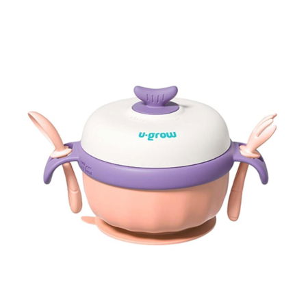 Termosuri, recipiente mâncare pentru copii - Bol termic , lingurita si furculita , baza antialunecare, mov, U-Grow