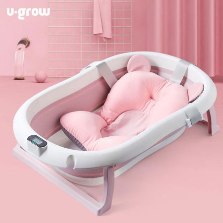 Cadita cu pernuta pentru bebelusi, termometru digital incorporat, pliabila, dop se scurgere, picioare anti-alunecare , roz, U-Grow [1]