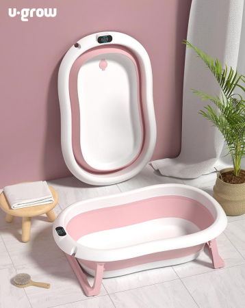 Cadita cu pernuta pentru bebelusi, termometru digital incorporat, pliabila, dop se scurgere, picioare anti-alunecare , roz, U-Grow [3]