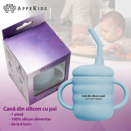 Cana din silicon cu pai, AppeKids - Albastru [2]