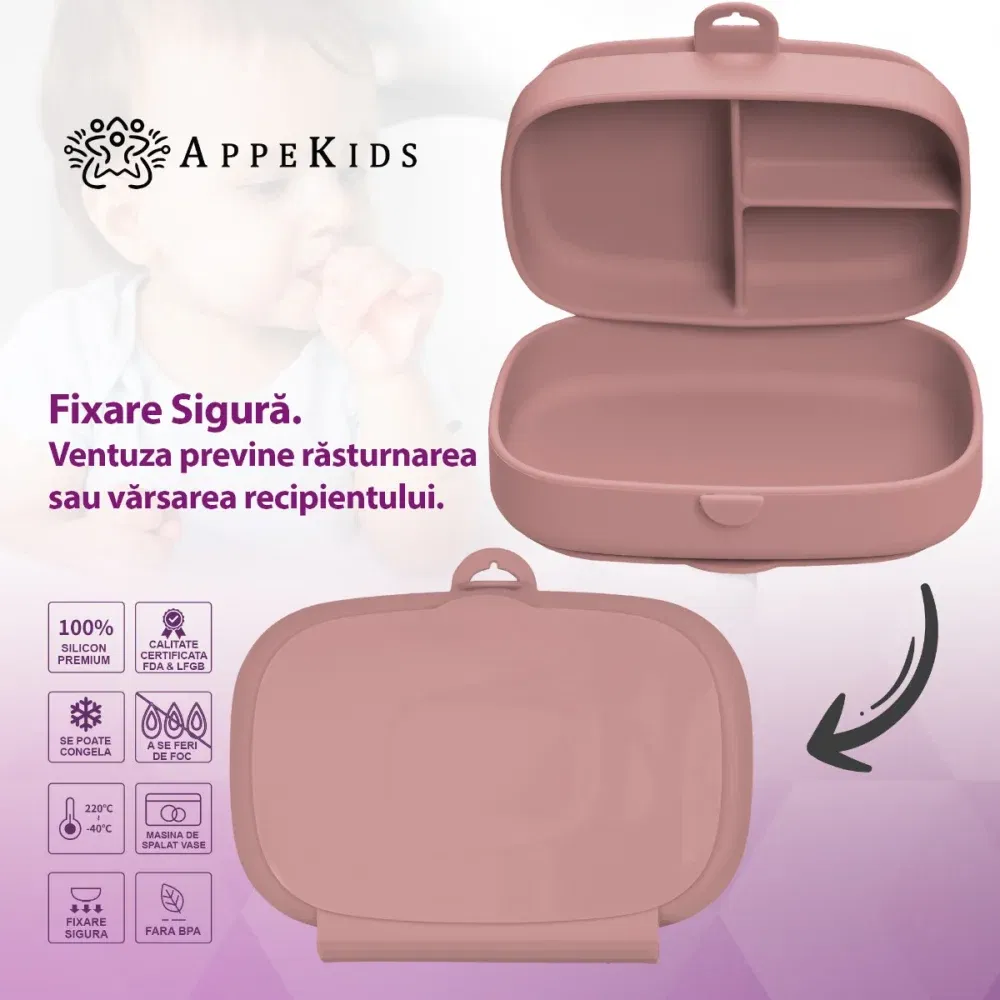 Caserola compartimentata din silicon cu ventuza, AppeKids Magic Box - Roz [5]