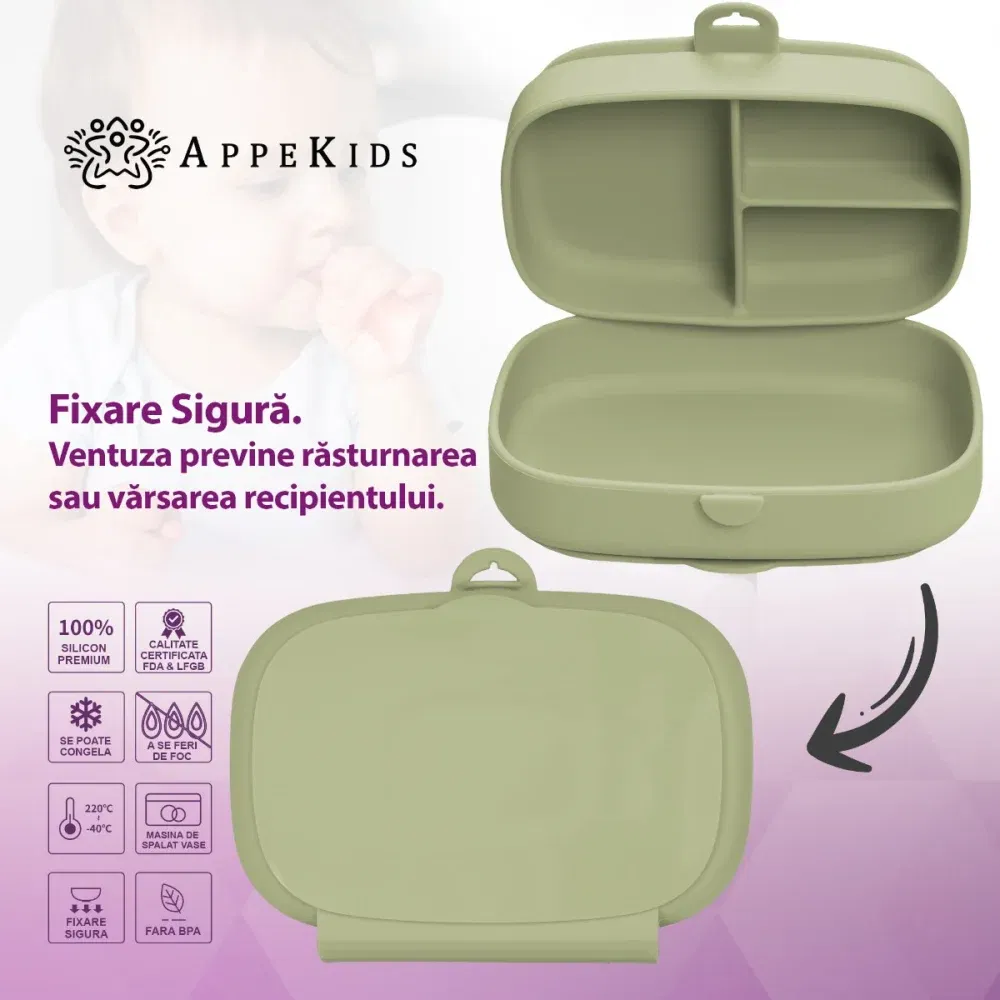 Caserola compartimentata din silicon cu ventuza, AppeKids Magic Box - Verde [5]