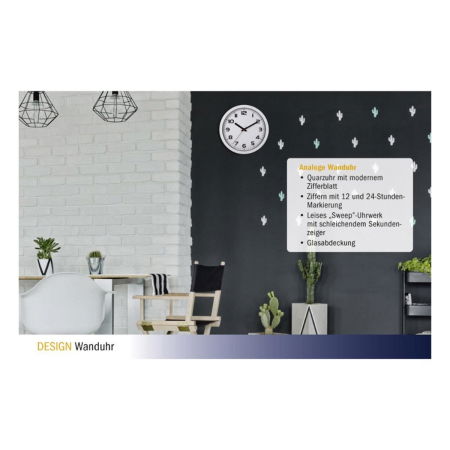 Ceas analog silentios de perete, cu capac din sticla, cifre mari, alb, TFA 60.3050.02 [1]