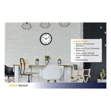 Ceas analog silentios de perete, cu capac din sticla, cifre mari, negru, TFA 60.3050.01 [1]