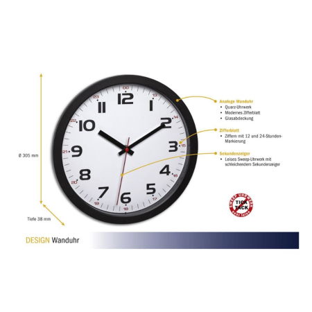 Produse - Ceas analog silentios de perete, cu capac din sticla, cifre mari, negru, TFA 60.3050.01