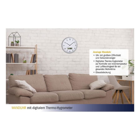 Siguranta copii/Ceas de camera - Ceas analog silentios de perete, cu termometru si higrometru digital, alb, TFA 60.3048.02