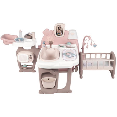 Papusi - Centru de ingrijire pentru papusi Smoby Baby Nurse Doll`s Play Center maro cu 23 accesorii