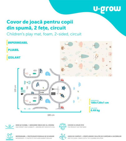 Covor de joaca pentru copii U-Grow, din spuma, pliabil, 2 fete, impermeabil, izolant, 120 x 180 x 1 cm, circuit [8]
