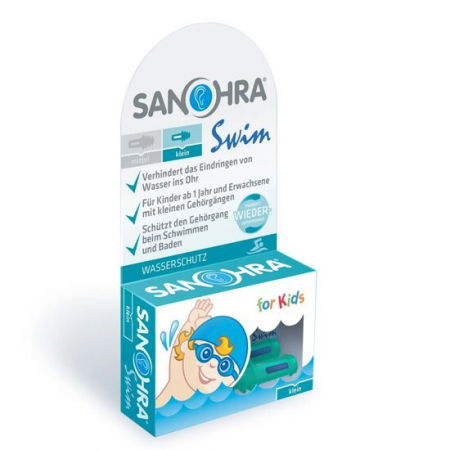 Căști antifonice copii - Dopuri de urechi pentru inot, impiedica patrunderea apei in urechi la copii, 1 an+, reutilizabile, hipoalergenice, albastre, SANOHRA Swim Kids