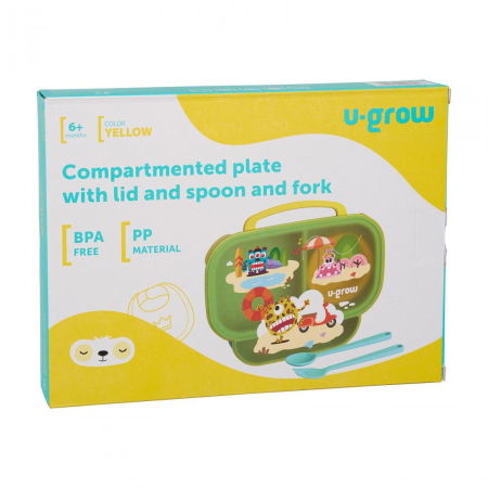 Farfurie compartimentata cu capac si lingurita si furculita, galbena, U-Grow [5]