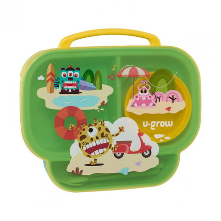 Termosuri, recipiente mâncare pentru copii - Farfurie compartimentata cu capac si lingurita si furculita, galbena, U-Grow