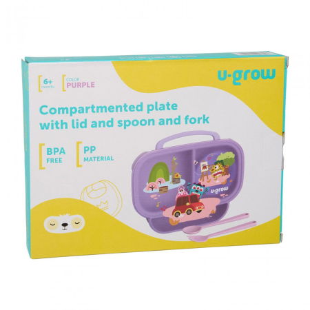 Farfurie compartimentata cu capac si lingurita si furculita, mov, U-Grow [7]