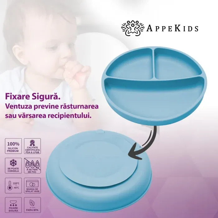 Farfurie compartimentata din silicon cu ventuza, AppeKids -Albastru [4]