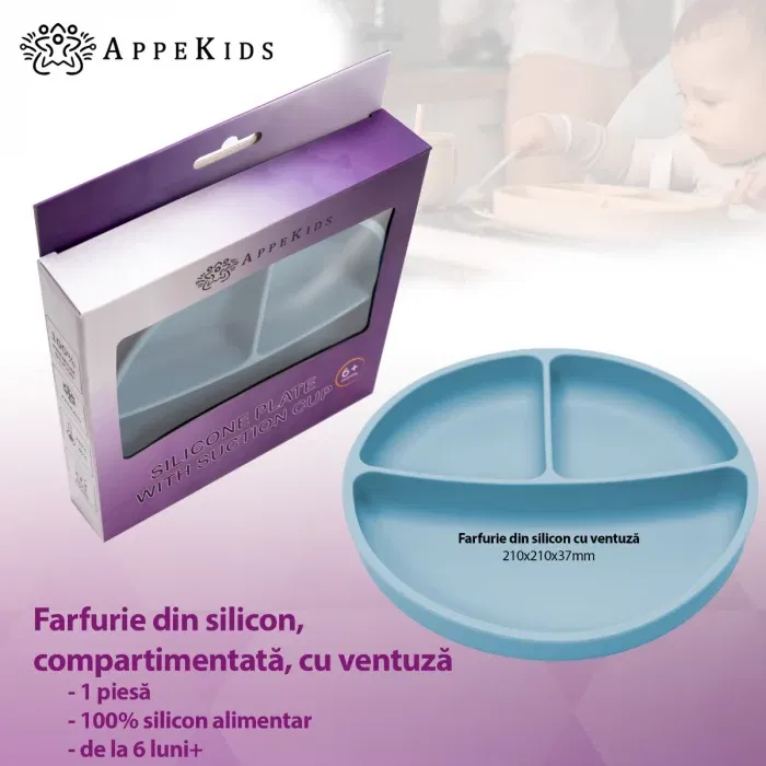 Farfurie compartimentata din silicon cu ventuza, AppeKids - Albastru [4]