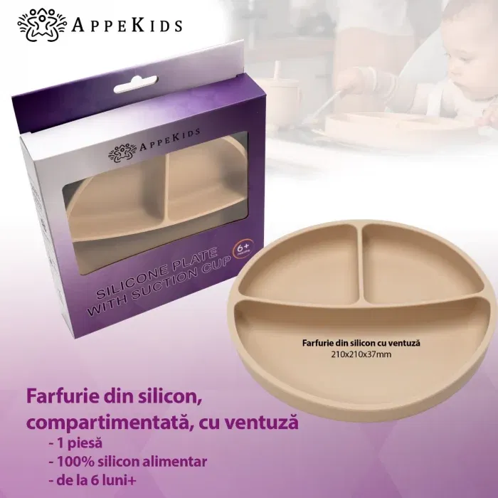Farfurie compartimentata din silicon cu ventuza, AppeKids - Bej [2]
