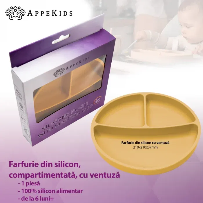 Farfurie compartimentata din silicon cu ventuza, AppeKids - Galben [2]