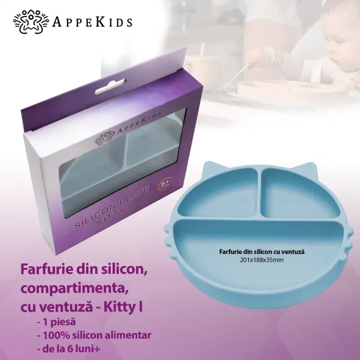 Farfurie compartimentata din silicon cu ventuza, AppeKids - Kitty - Albastru [2]