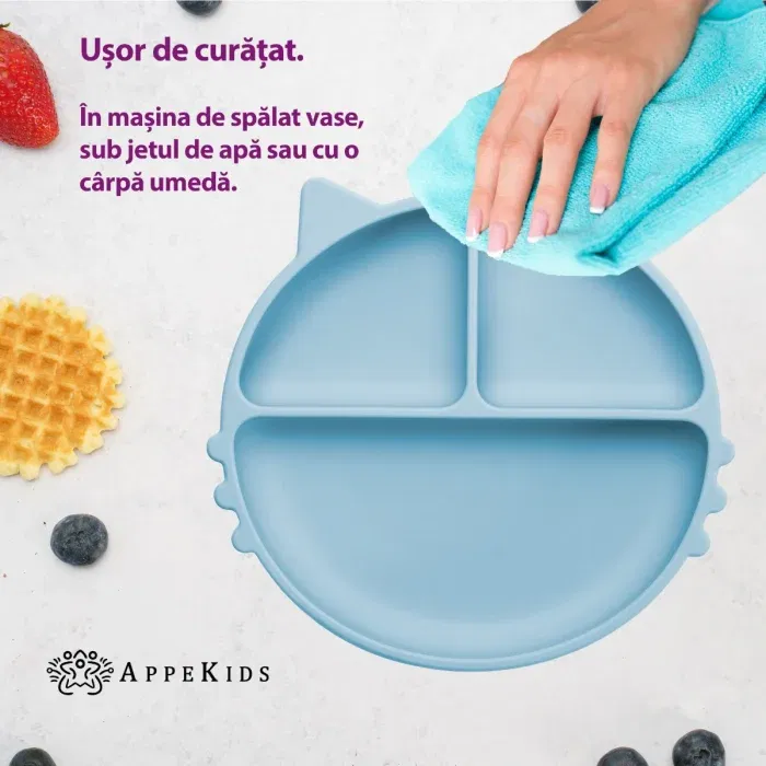Farfurie compartimentata din silicon cu ventuza, AppeKids - Kitty - Albastru [3]
