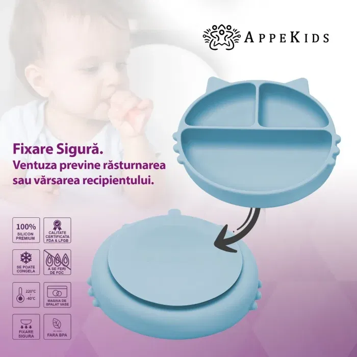 Farfurie compartimentata din silicon cu ventuza, AppeKids - Kitty - Albastru [4]