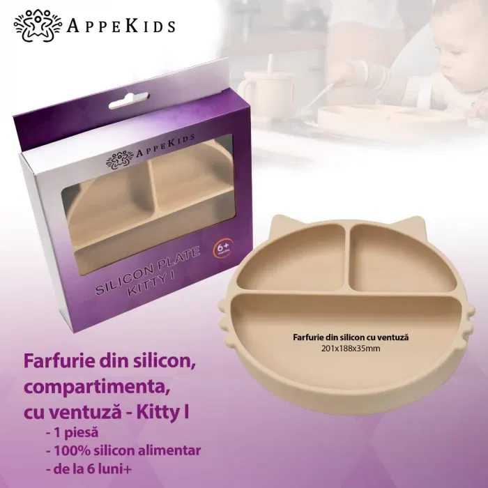 Farfurie compartimentata din silicon cu ventuza, AppeKids - Kitty - Bej [1]