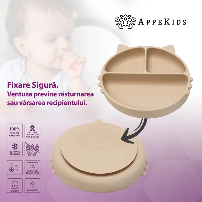 Farfurie compartimentata din silicon cu ventuza, AppeKids - Kitty - Bej [3]