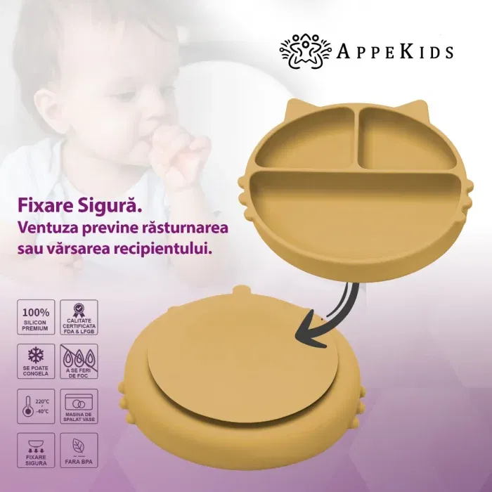 Farfurie compartimentata din silicon cu ventuza, AppeKids - Kitty - Galben [4]