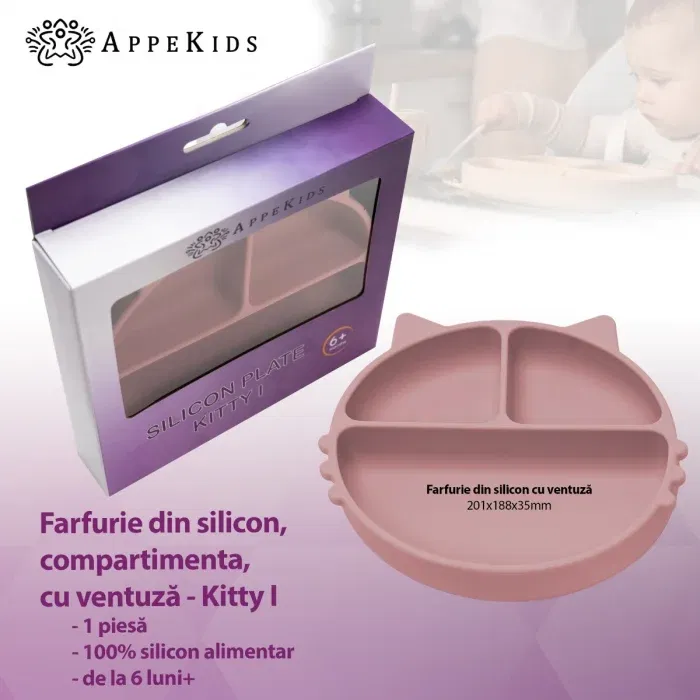 Farfurie compartimentata din silicon cu ventuza, AppeKids - Kitty - Roz [2]