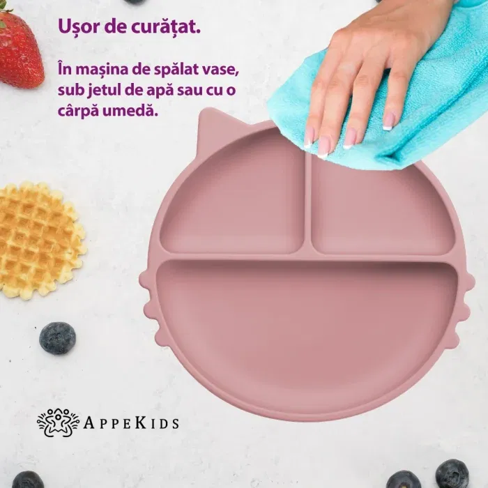 Farfurie compartimentata din silicon cu ventuza, AppeKids - Kitty - Roz [4]