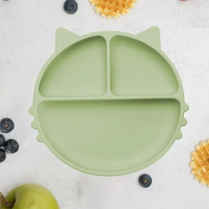 Termosuri, recipiente mâncare pentru copii - Farfurie compartimentata din silicon cu ventuza, AppeKids - Kitty - Verde