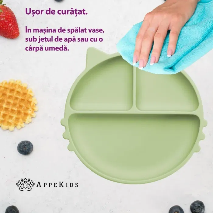 Farfurie compartimentata din silicon cu ventuza, AppeKids - Kitty - Verde [2]