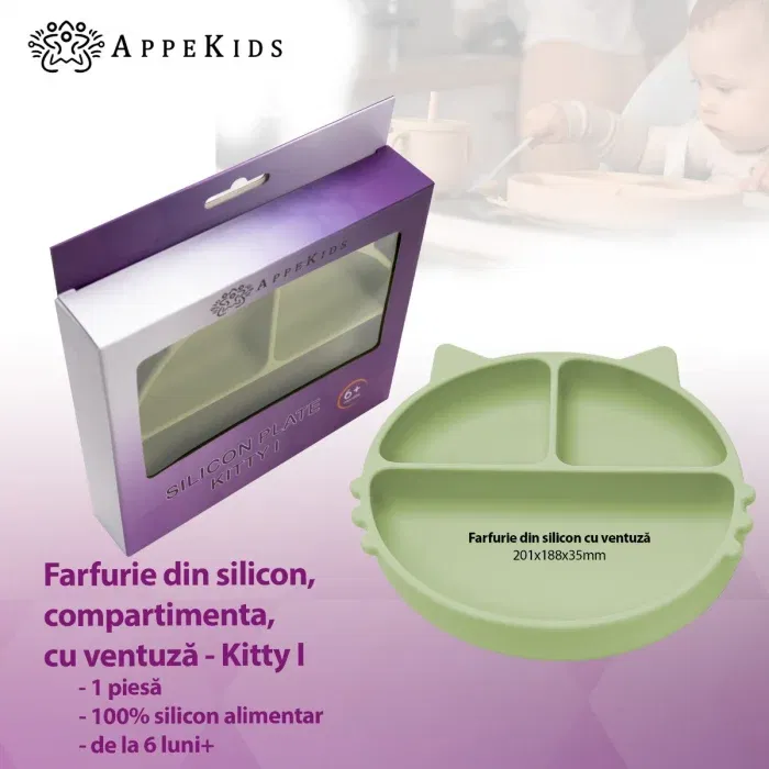 Farfurie compartimentata din silicon cu ventuza, AppeKids - Kitty - Verde [4]