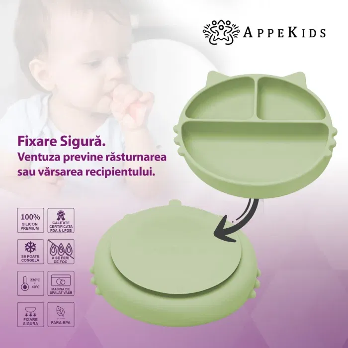 Farfurie compartimentata din silicon cu ventuza, AppeKids - Kitty - Verde [3]