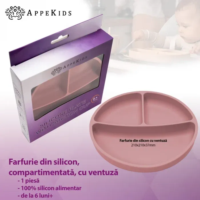 Farfurie compartimentata din silicon cu ventuza, AppeKids - Roz [4]