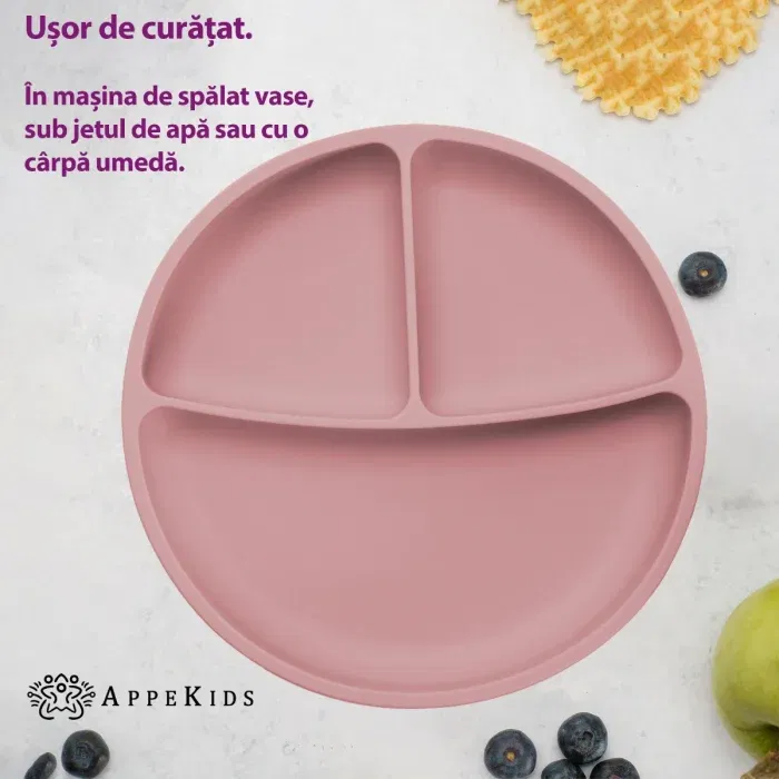 Farfurie compartimentata din silicon cu ventuza, AppeKids - Roz [1]