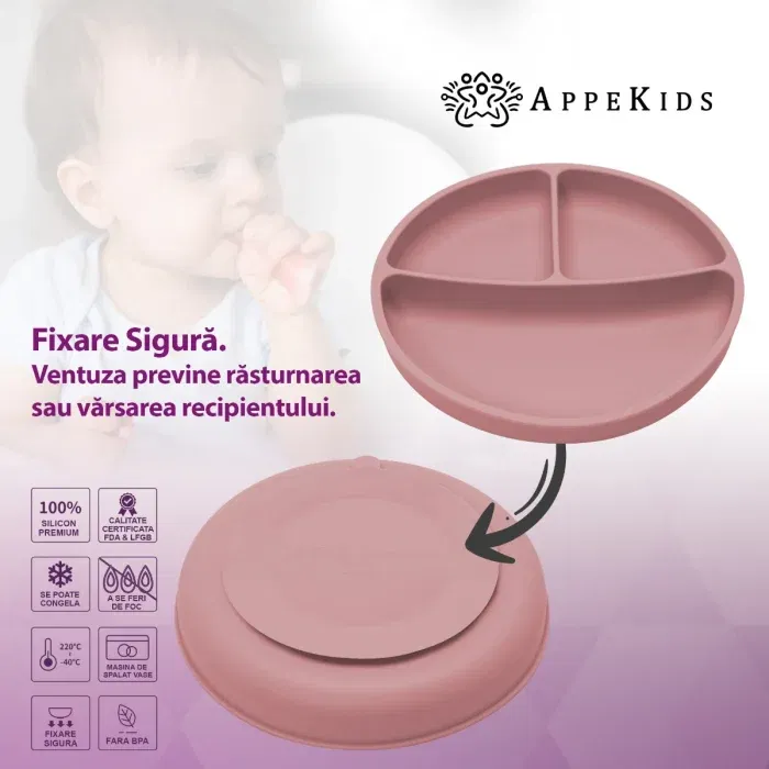 Farfurie compartimentata din silicon cu ventuza, AppeKids - Roz [3]