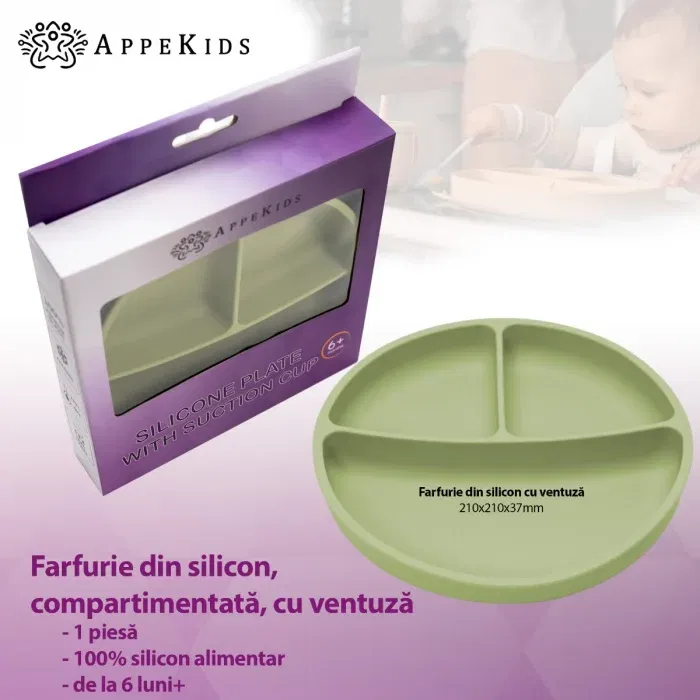 Farfurie compartimentata din silicon cu ventuza, AppeKids - Verde [2]
