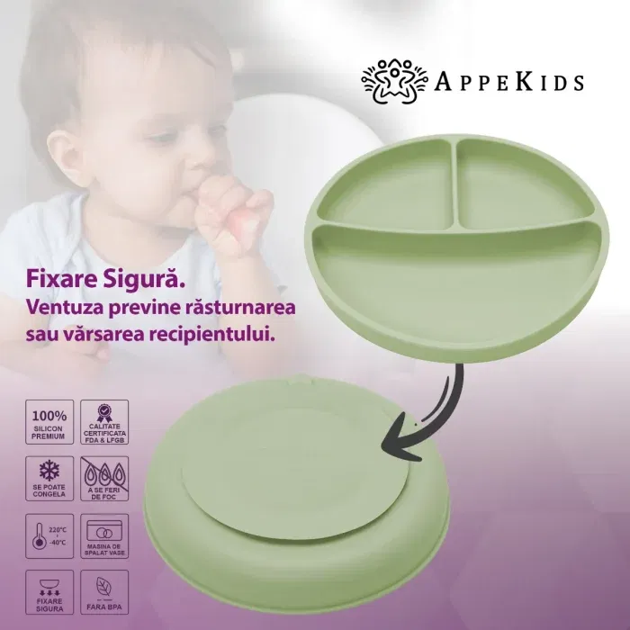 Farfurie compartimentata din silicon cu ventuza, AppeKids - Verde [4]