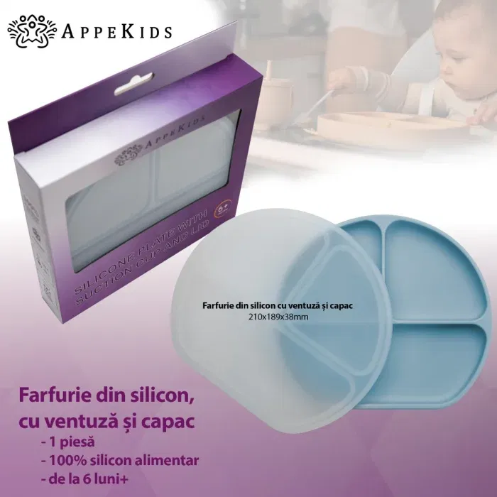 Farfurie compartimentata din silicon cu ventuza si capac, AppeKids - Albastru [3]