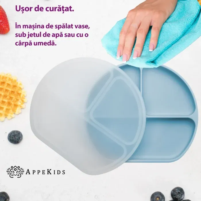 Farfurie compartimentata din silicon cu ventuza si capac, AppeKids - Albastru [2]