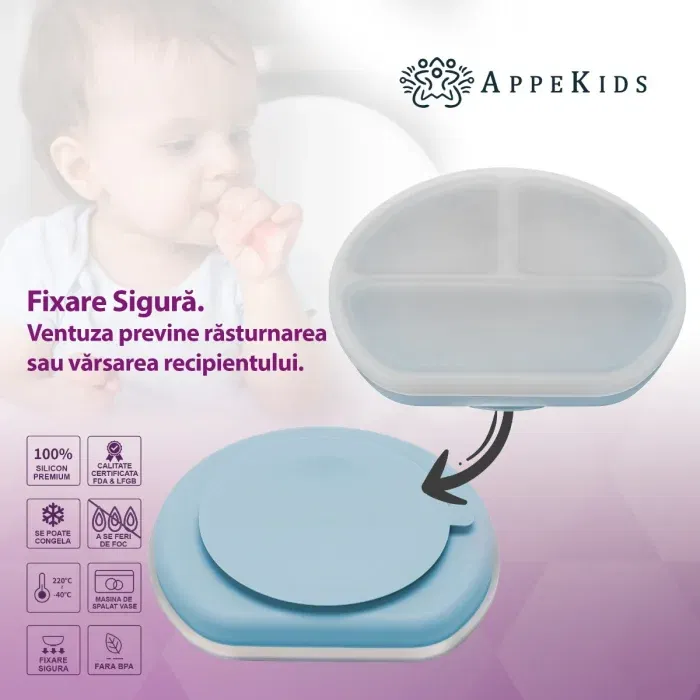 Farfurie compartimentata din silicon cu ventuza si capac, AppeKids - Albastru [4]