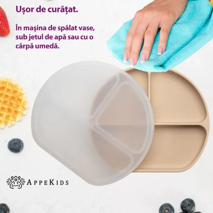 Farfurie compartimentata din silicon cu ventuza si capac, AppeKids - Bej [2]