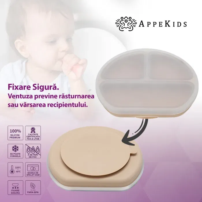 Farfurie compartimentata din silicon cu ventuza si capac, AppeKids - Bej [4]