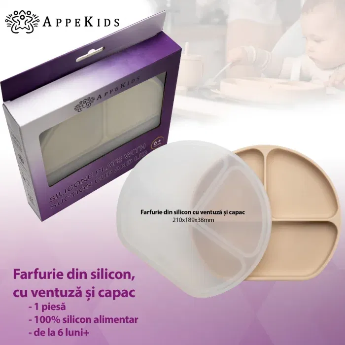Farfurie compartimentata din silicon cu ventuza si capac, AppeKids - Bej [1]