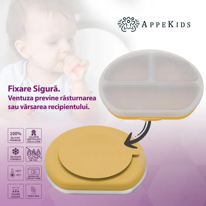 Farfurie compartimentata din silicon cu ventuza si capac, AppeKids - Galben [4]